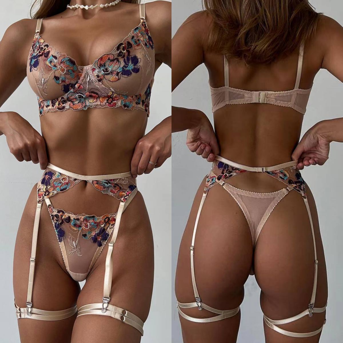 Luxury Skincare Aesthetic - Krasapt Luxury Embroidery See-through Lingerie 4Pcs